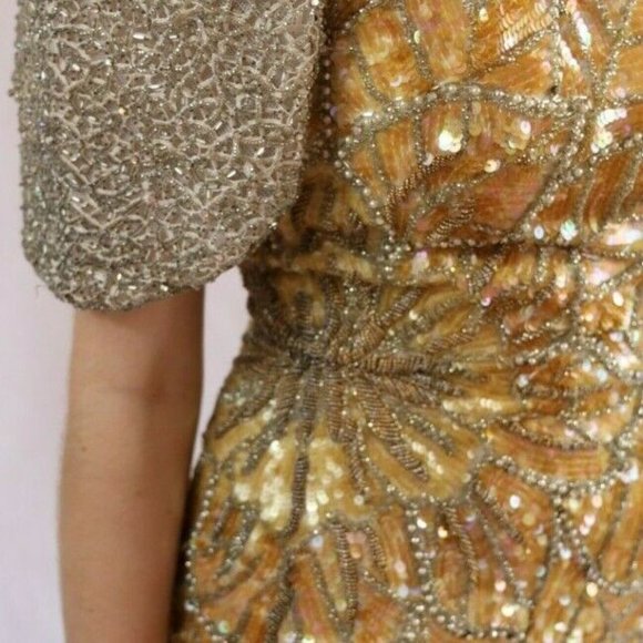 Vintage 80's Beaded Evening Gown Dress Gold/Silver Asymmetrical Sequin NWOT - Picture 11 of 12